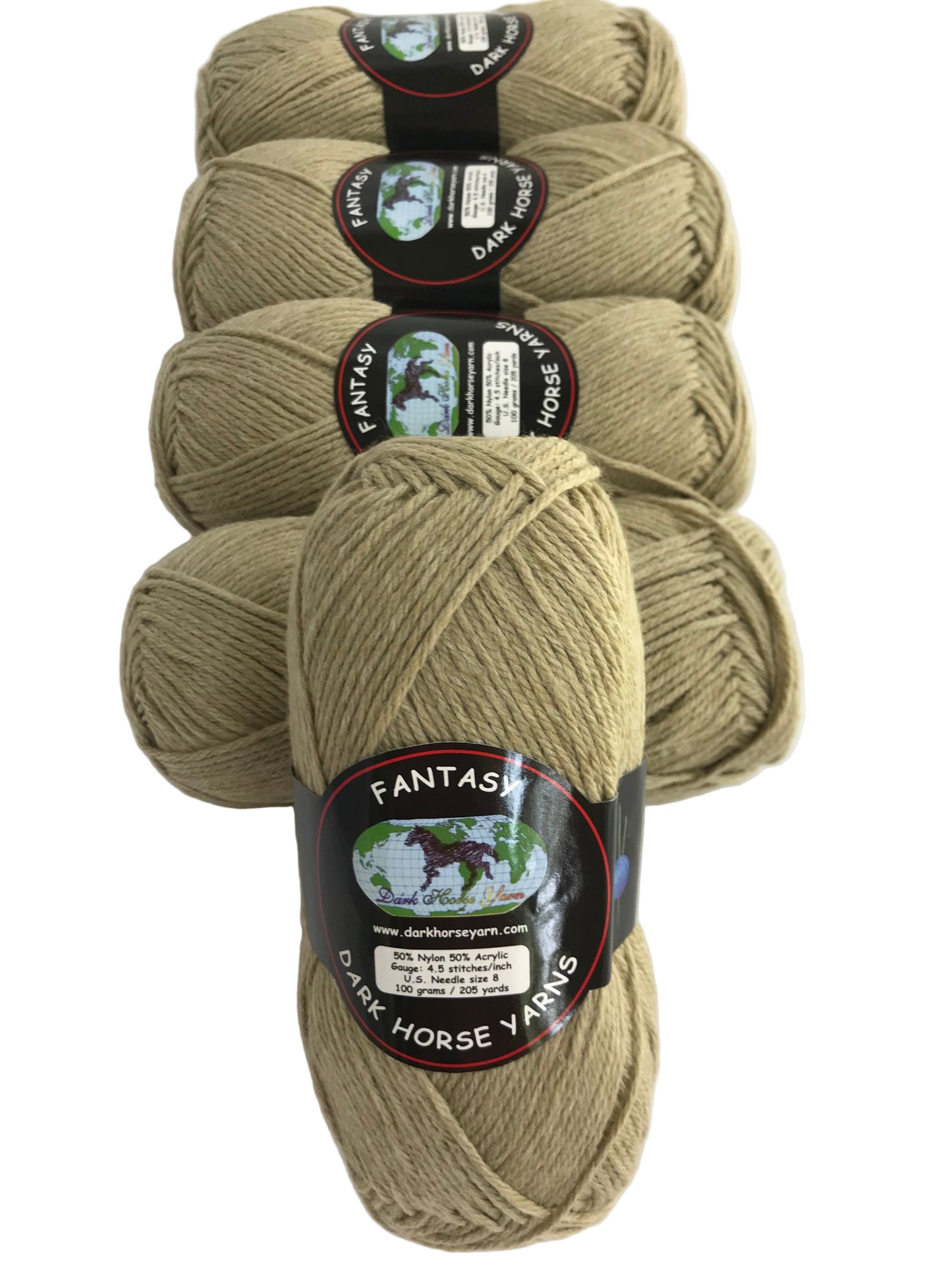 Five skeins of beige yarn with labels on a white background