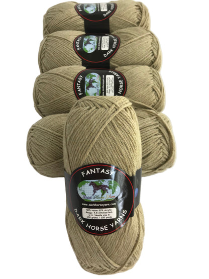 Five skeins of beige yarn with labels on a white background