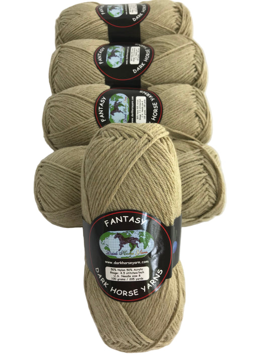 Five skeins of beige yarn with labels on a white background