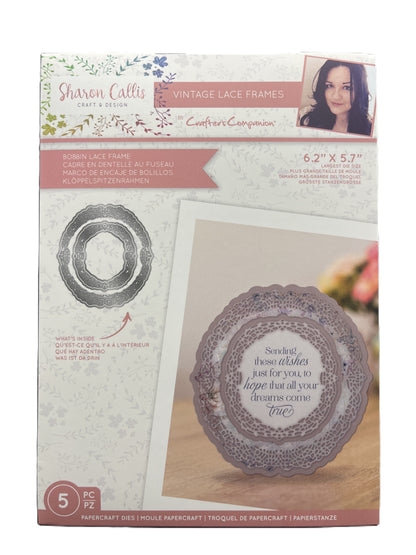 Sharon Callis craft product packaging with lace frame design