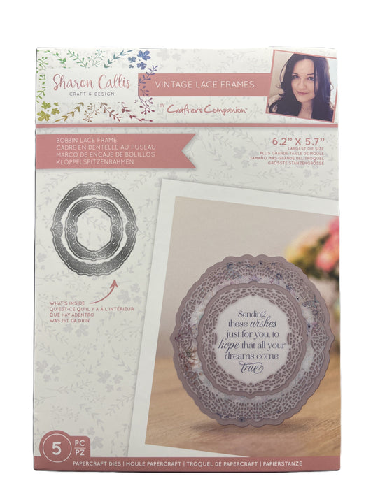 Sharon Callis craft product packaging with lace frame design