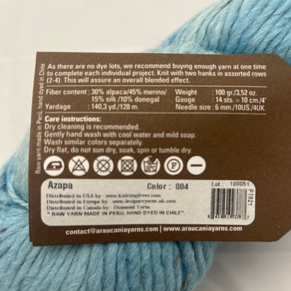 Light blue yarn with a label on a white background