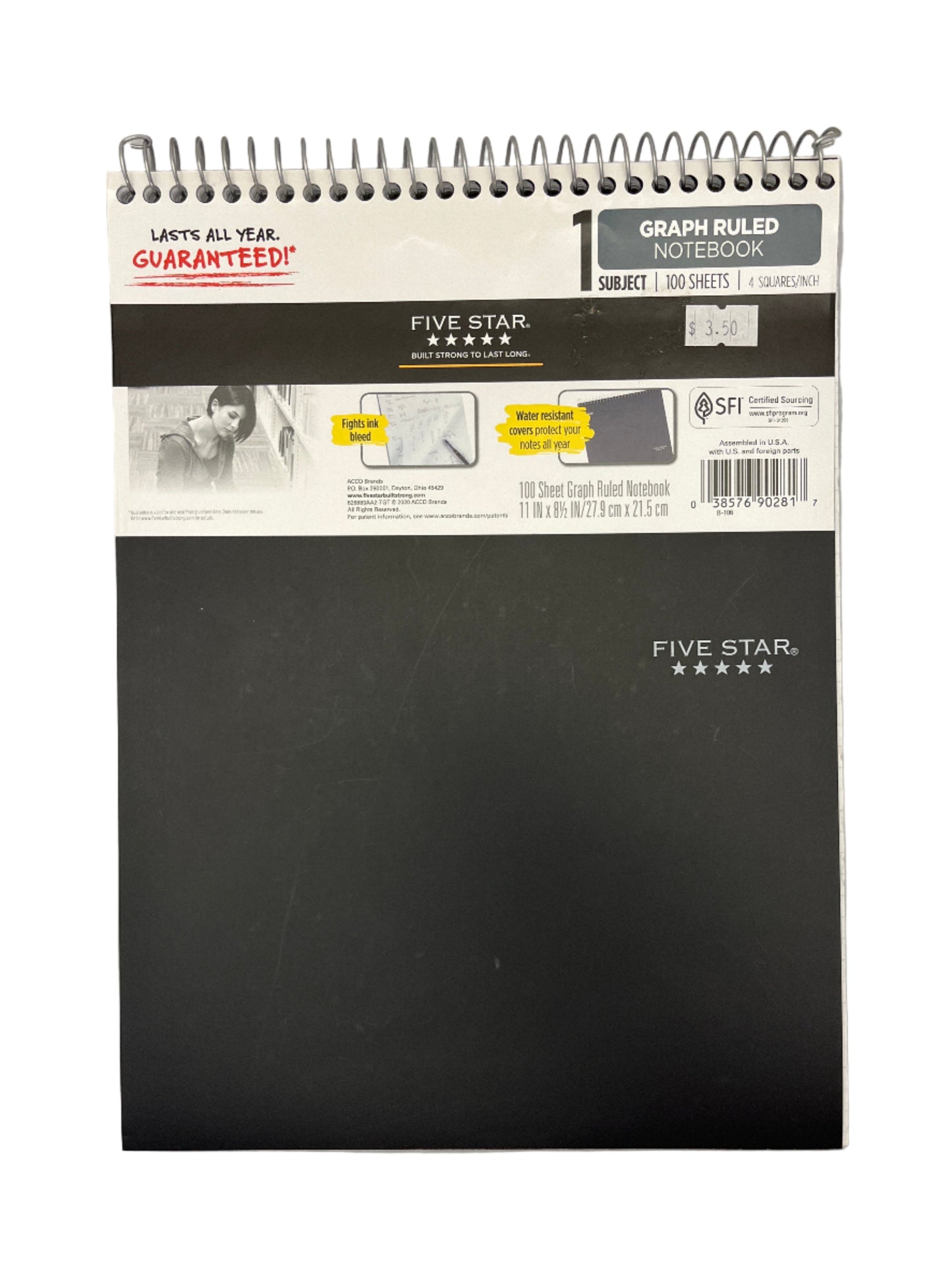 Black notebook with Five Star branding on a gray background