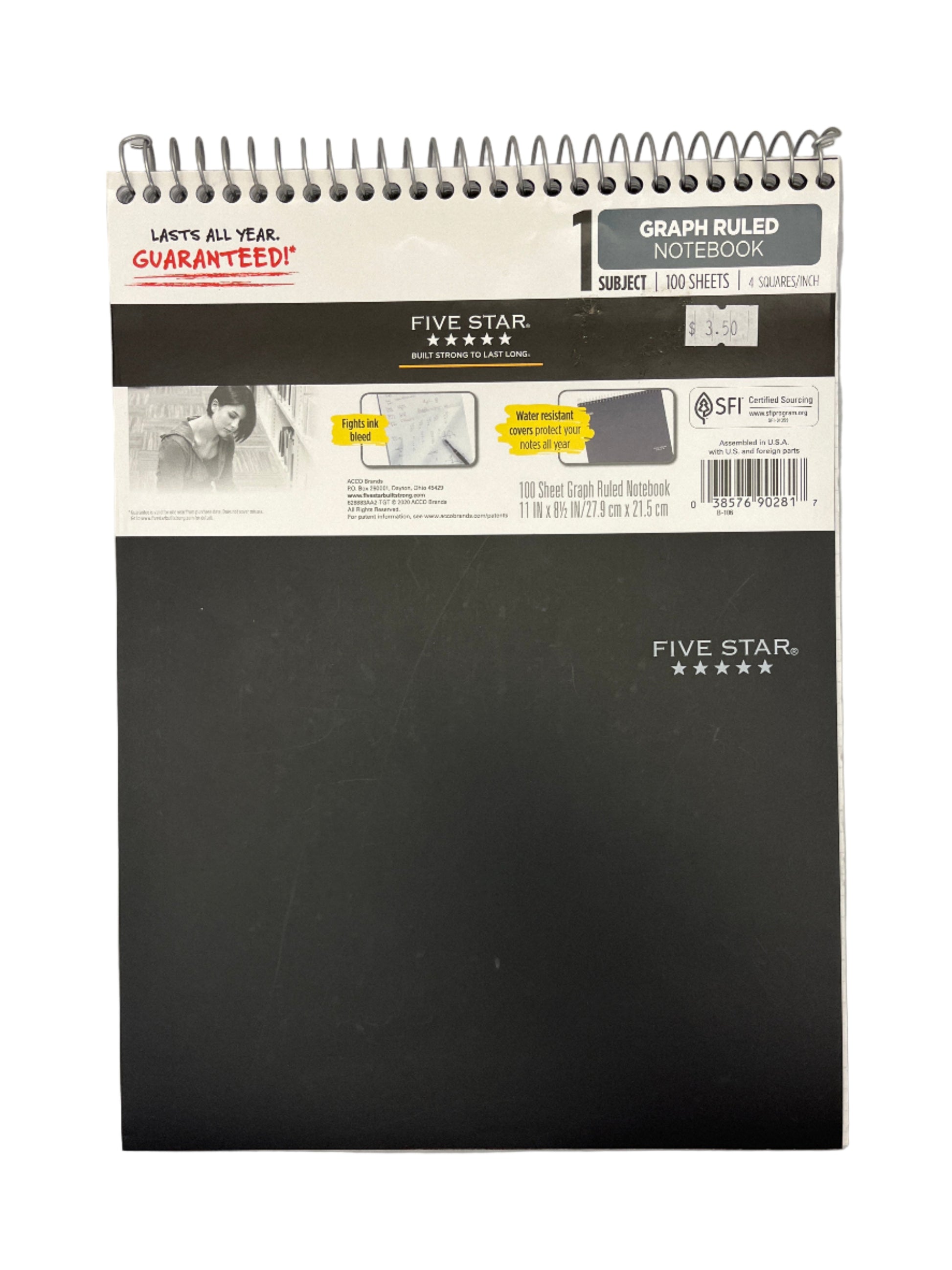 Black notebook with Five Star branding on a gray background