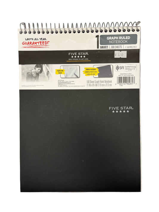 Black notebook with Five Star branding on a gray background