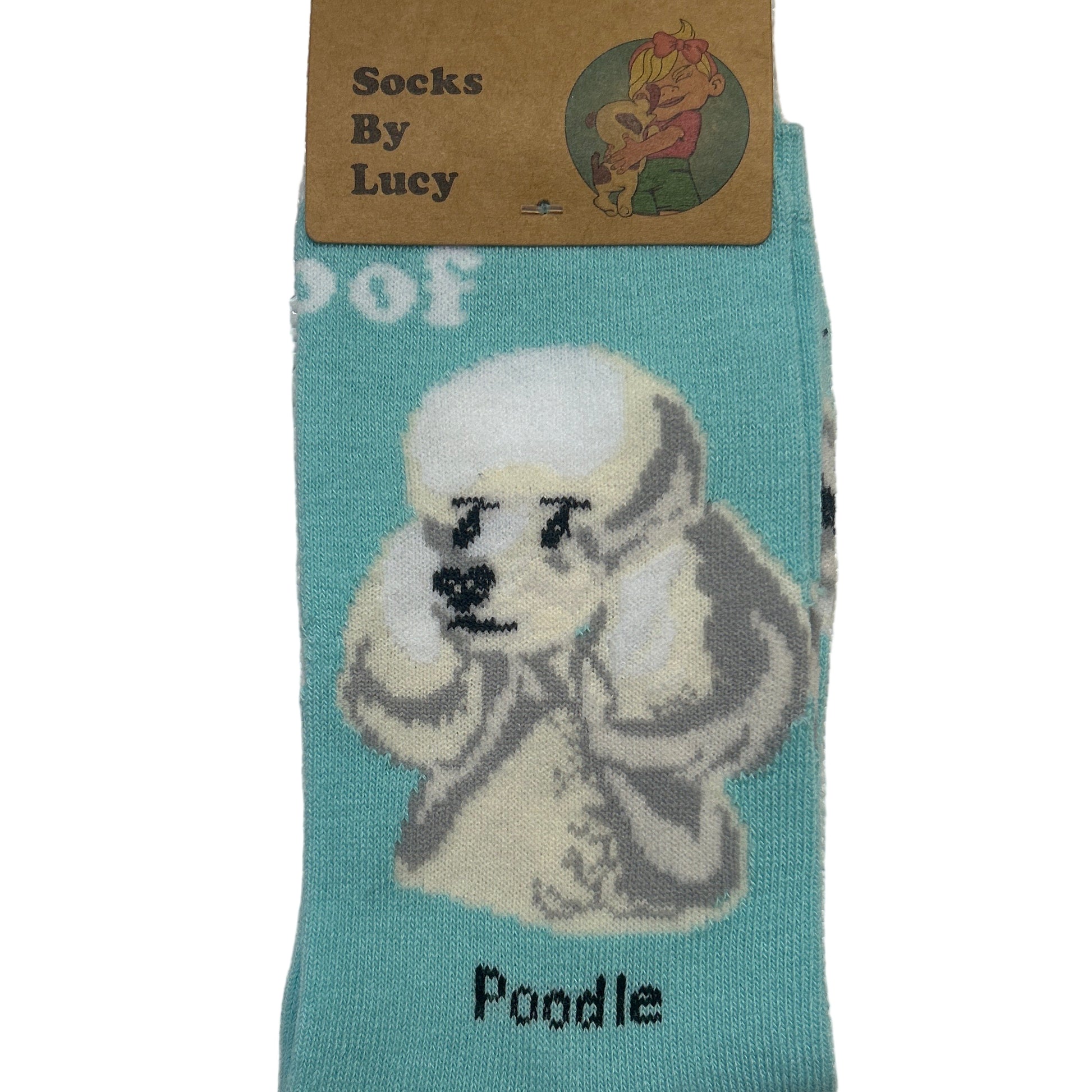 Teal sock with poodle design and label on a textured surface