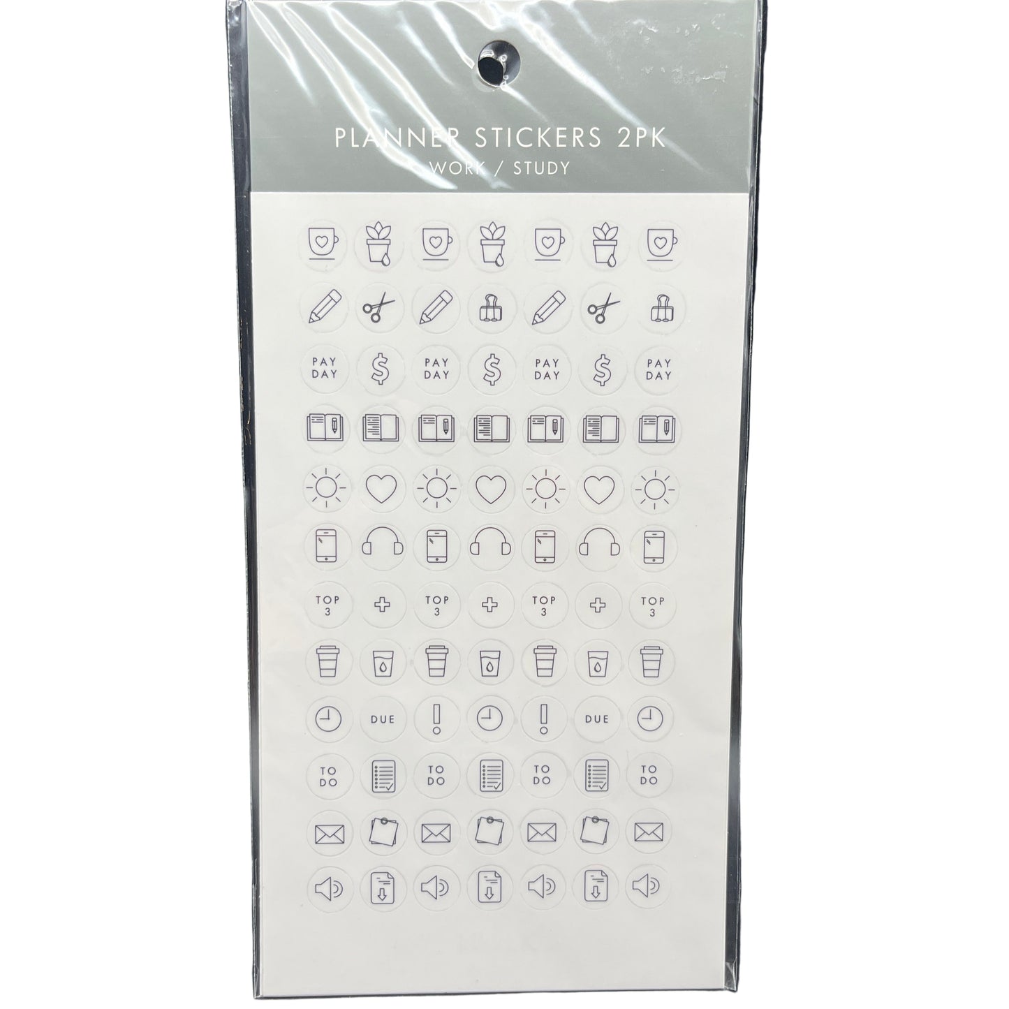 Packaging of planner stickers with various icons on a white background