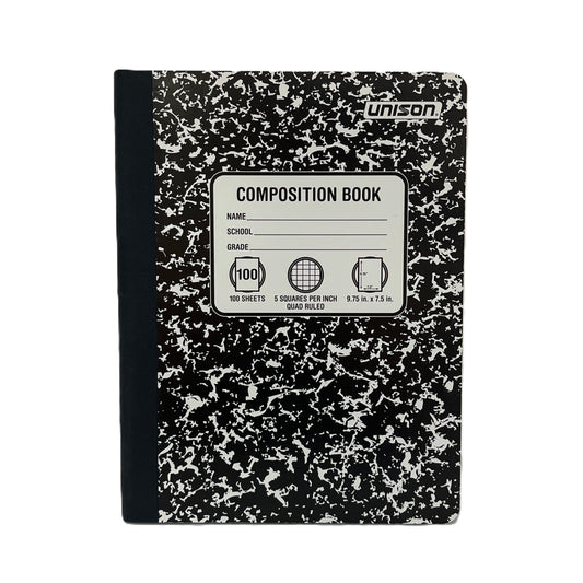 Composition book with black and white marble pattern on a white background
