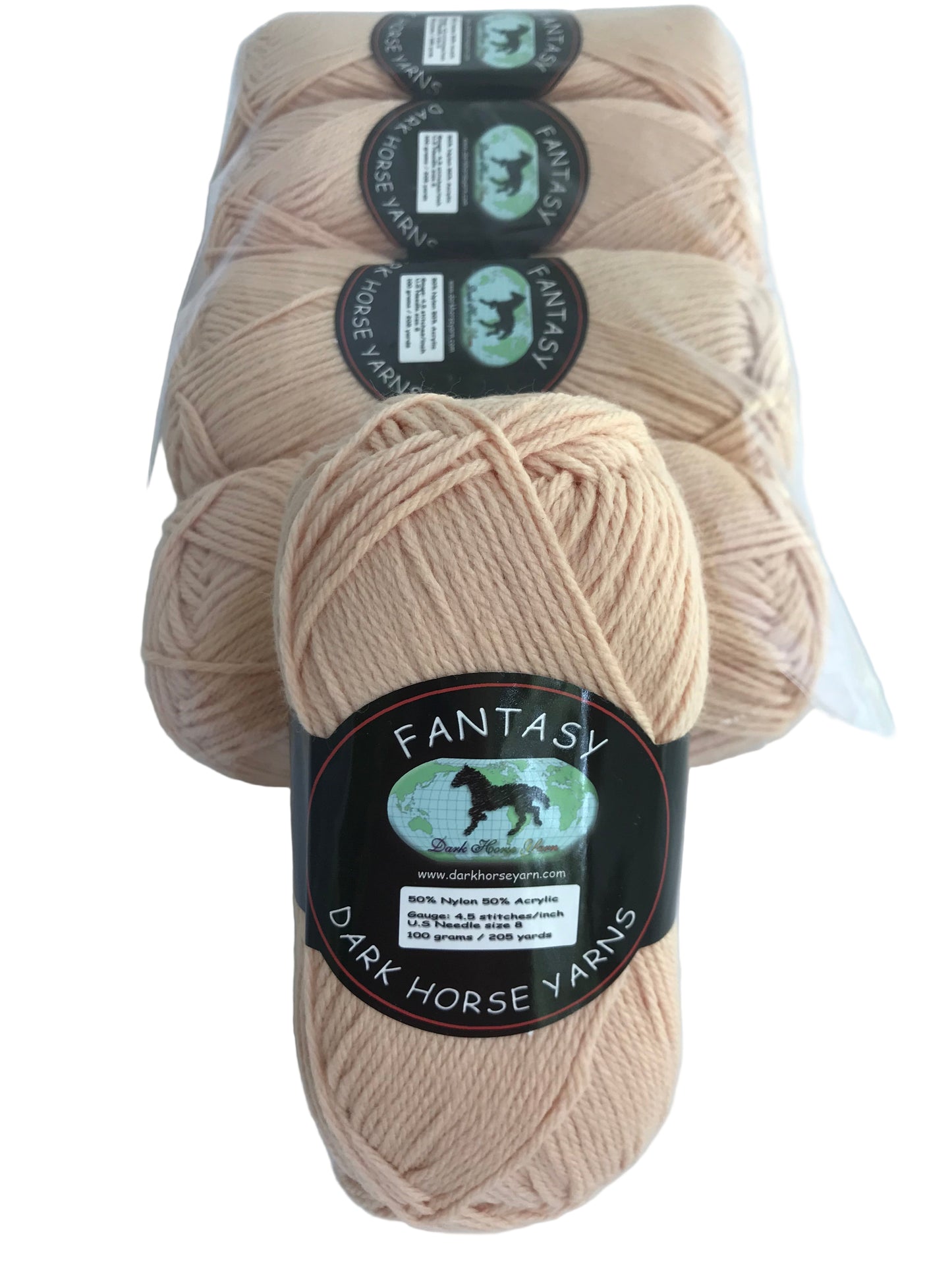 Beige yarn balls with 'Fantasy Dark Horse Yarn' labels on a white background