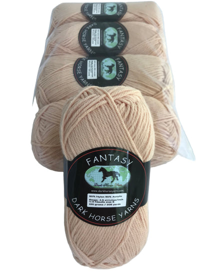 Beige yarn balls with 'Fantasy Dark Horse Yarn' labels on a white background