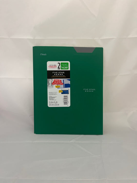 Green notebook with a label on a white background