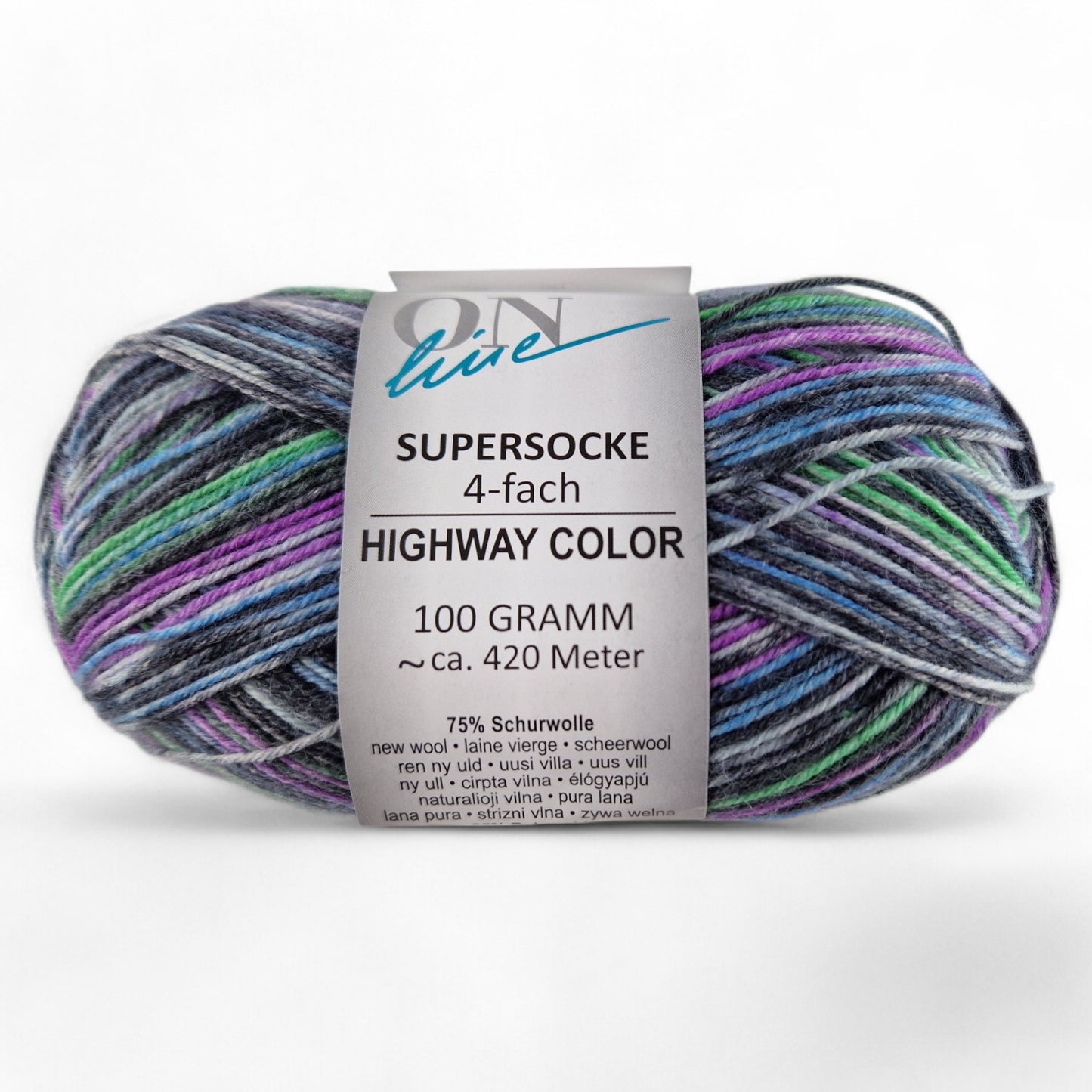 Multicolored skein of yarn with a label on a white background