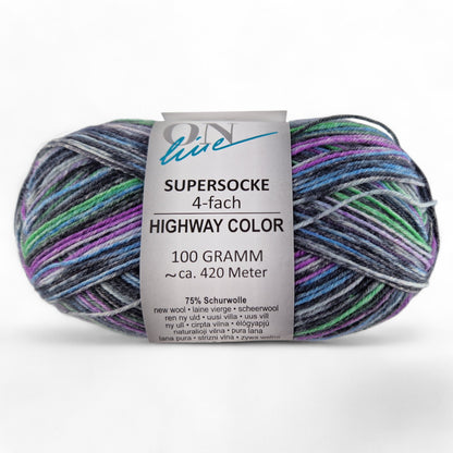 Multicolored skein of yarn with a label on a white background