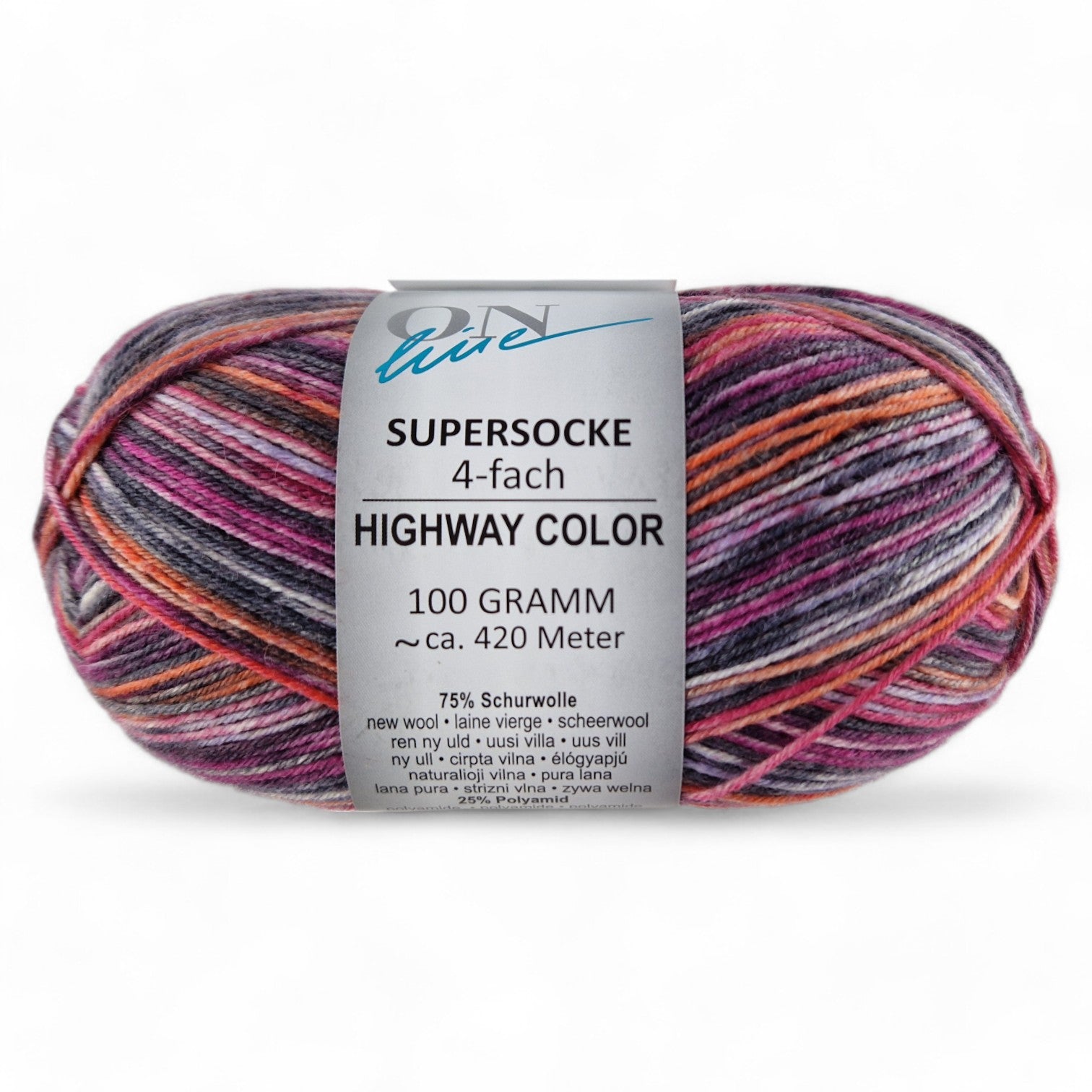 Multicolored skein of yarn with a label on a white background
