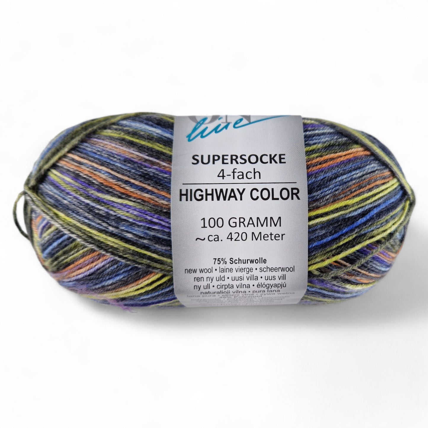 Multicolored skein of yarn with a label on a white background