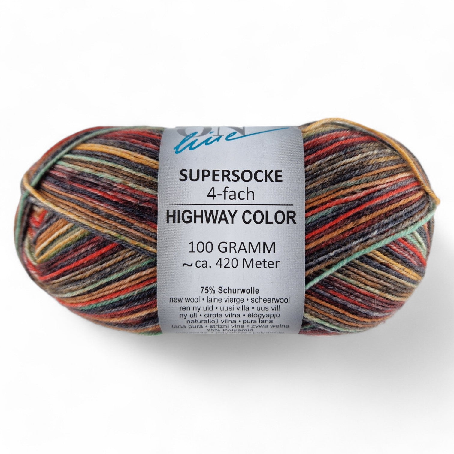 Multicolored skein of yarn with a label on a white background