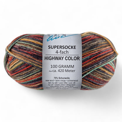 Multicolored skein of yarn with a label on a white background