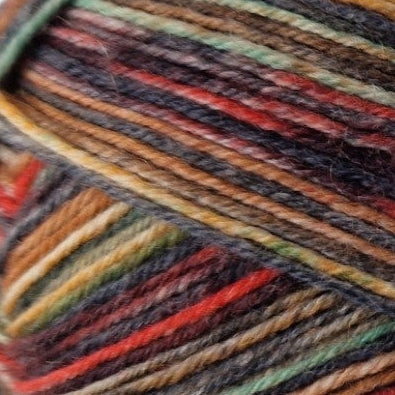Close-up of multicolored yarn with shades of brown, red, and green.