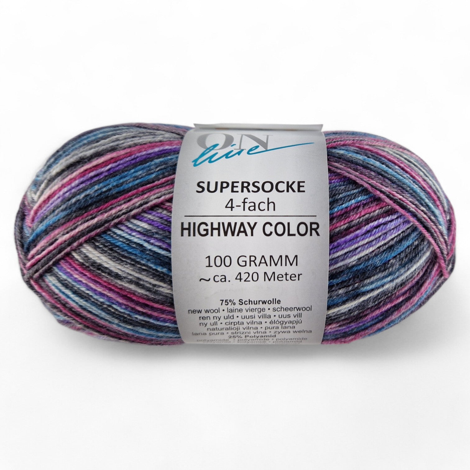 Multicolored skein of yarn with a label on a white background