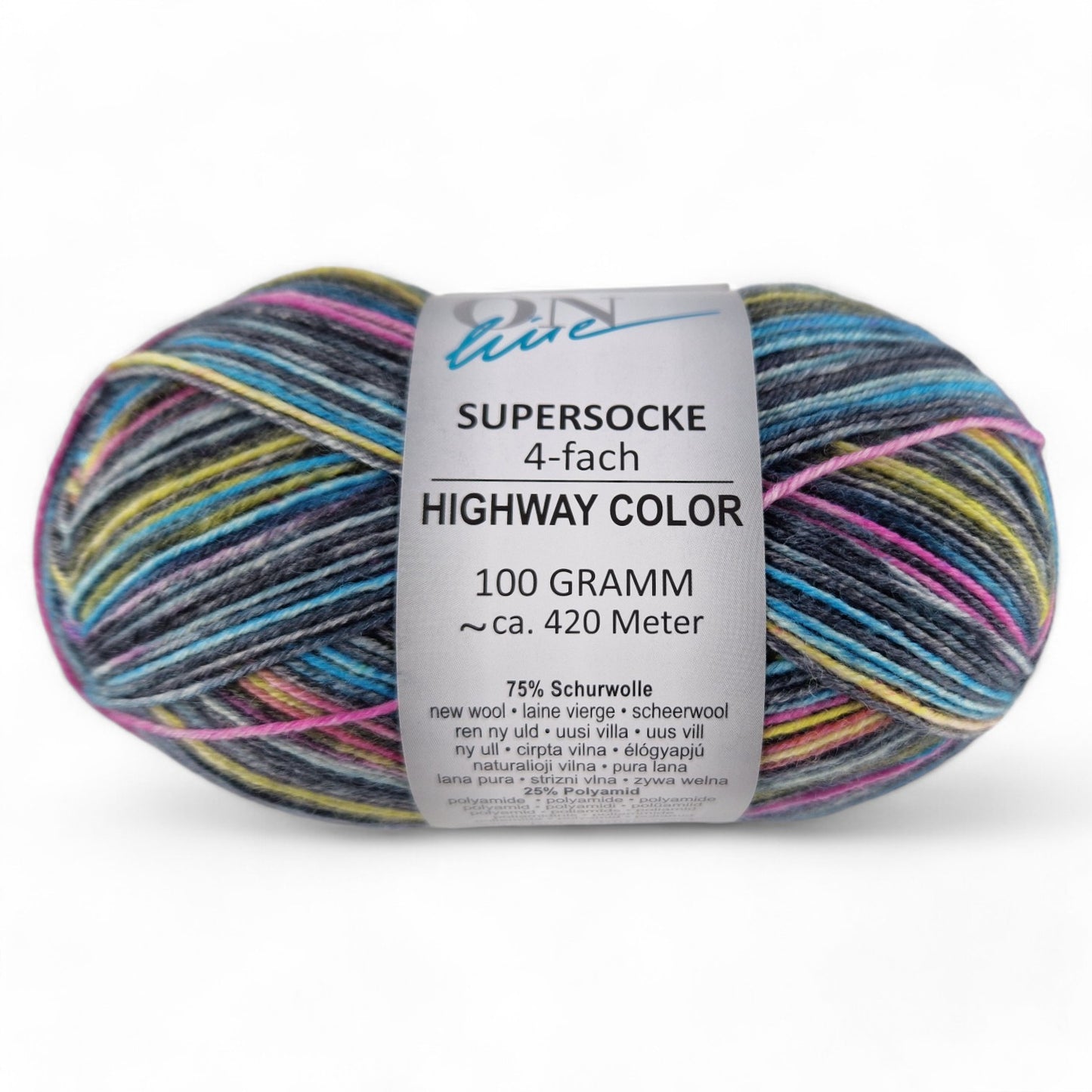 Multicolored skein of yarn with a label on a white background
