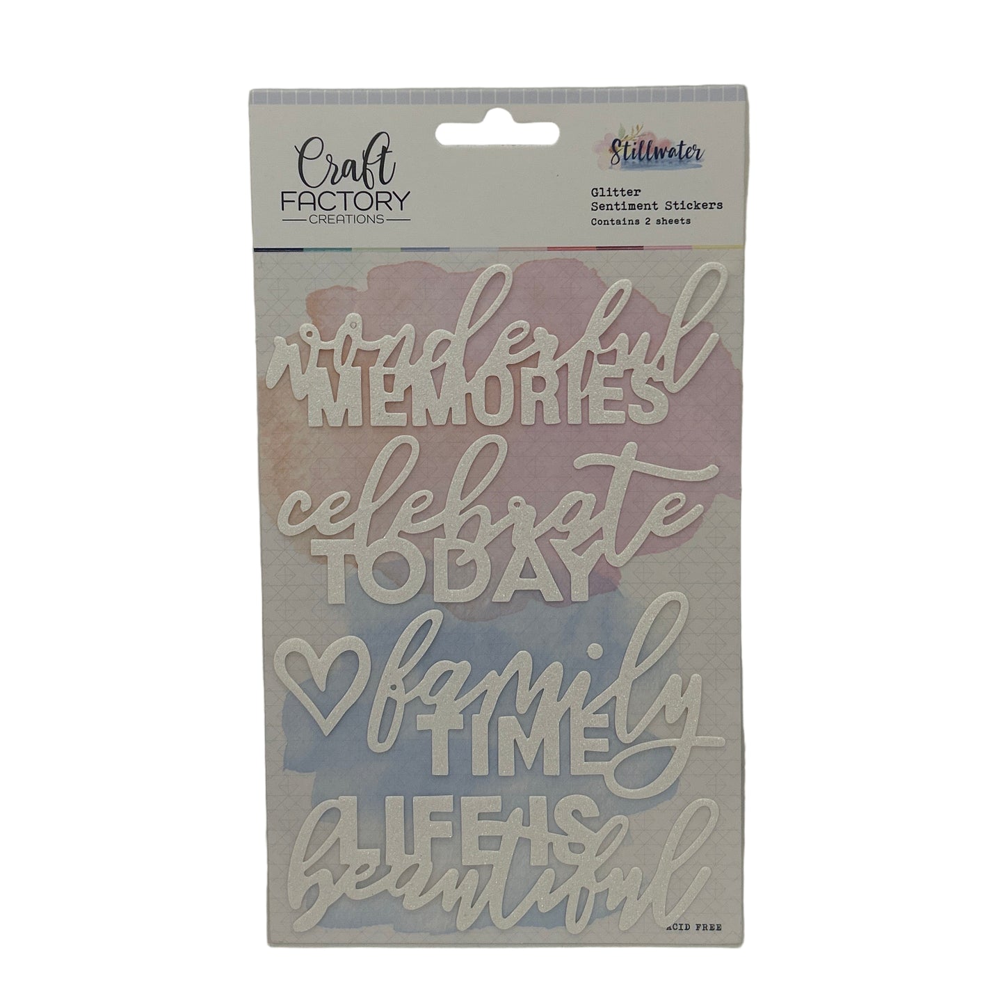 Packaged craft stickers with motivational phrases on a white background
