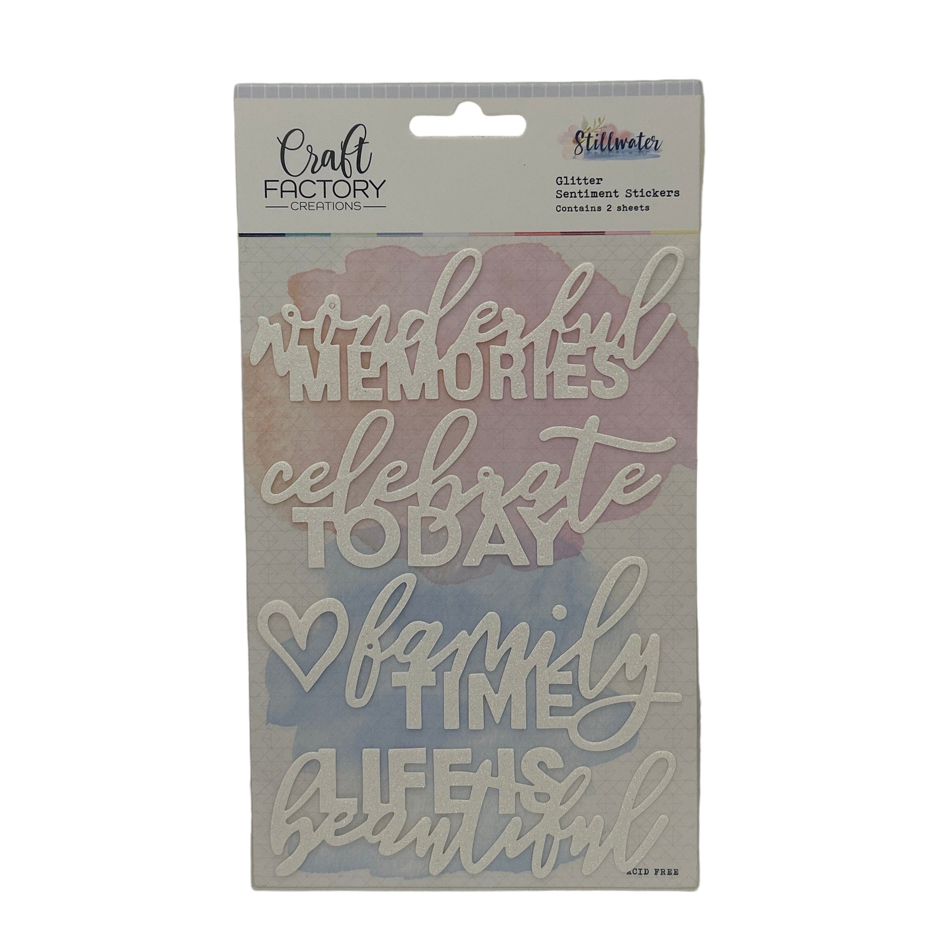 Packaged craft stickers with motivational phrases on a white background