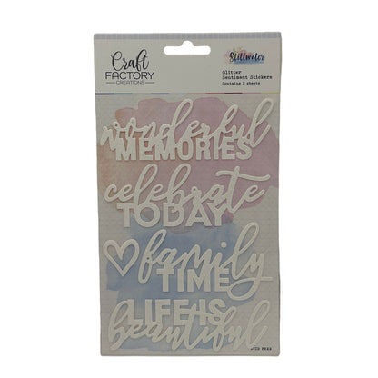 Packaged craft stickers with motivational phrases on a white background