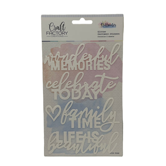 Packaged craft stickers with motivational phrases on a white background