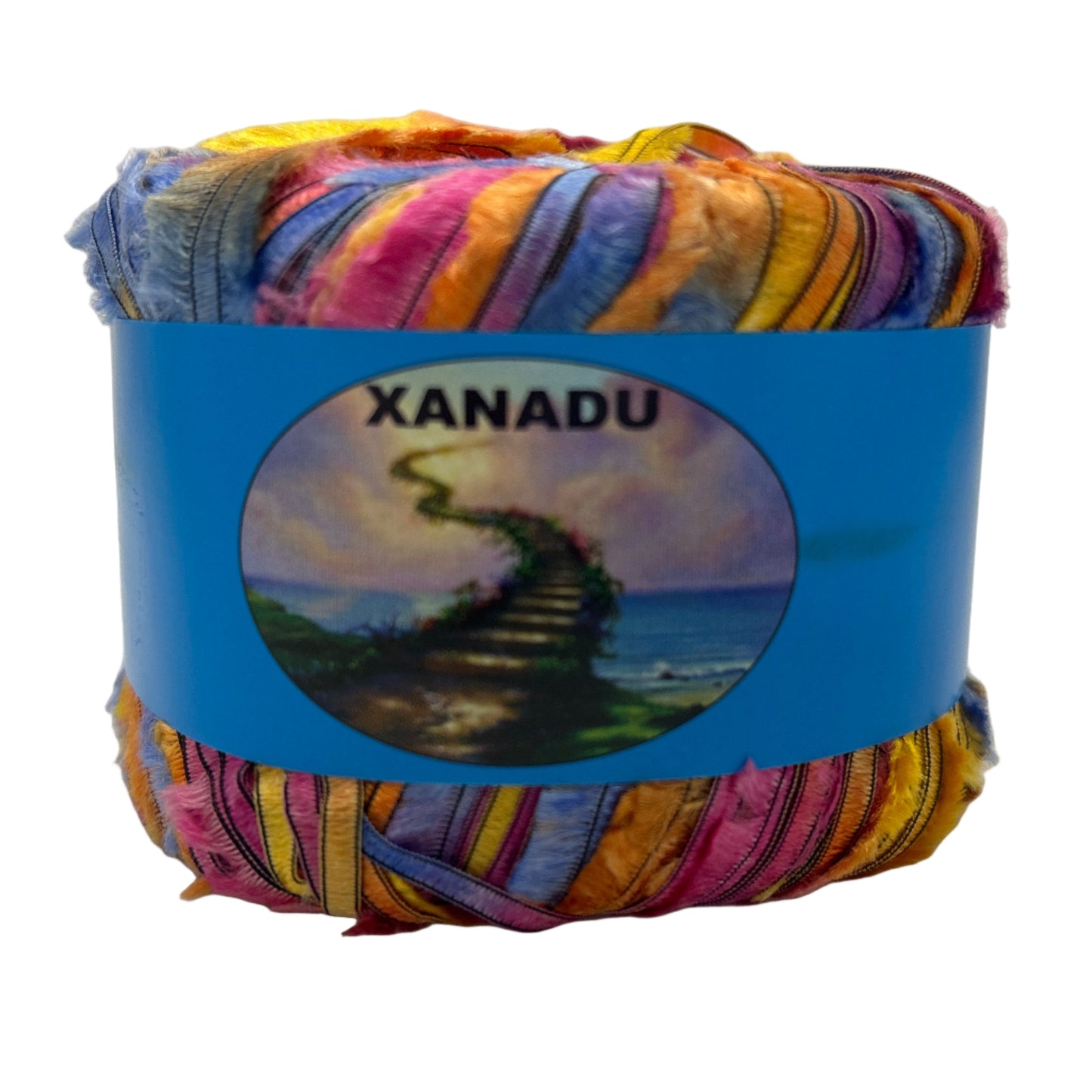 Colorful skein of yarn with a 'Xanadu' label on a white background