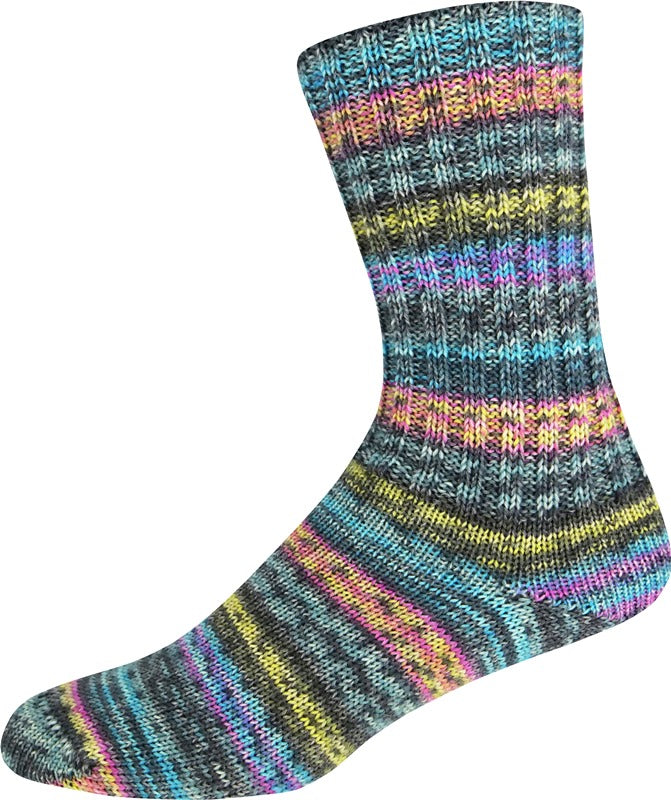 Multicolored striped yarn shown knitted as a sock on a white background 