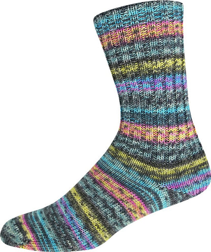 Multicolored striped yarn shown knitted as a sock on a white background 
