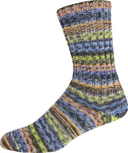 Multicolored striped yarn shown knitted as a sock on a white background 