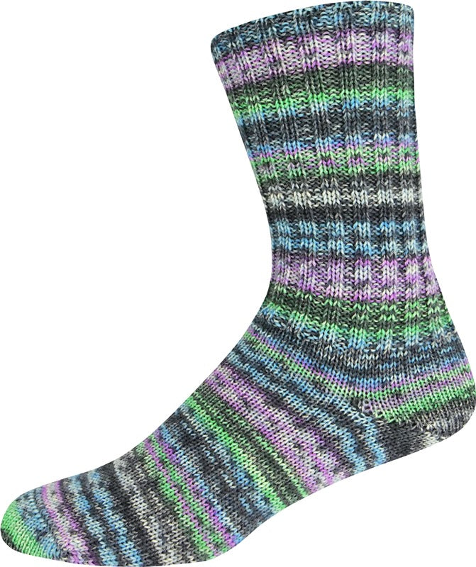 Multicolored striped yarn shown knitted as a sock on a white background 