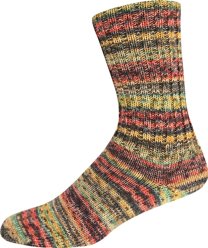Multicolored striped yarn shown knitted as a sock on a white background 