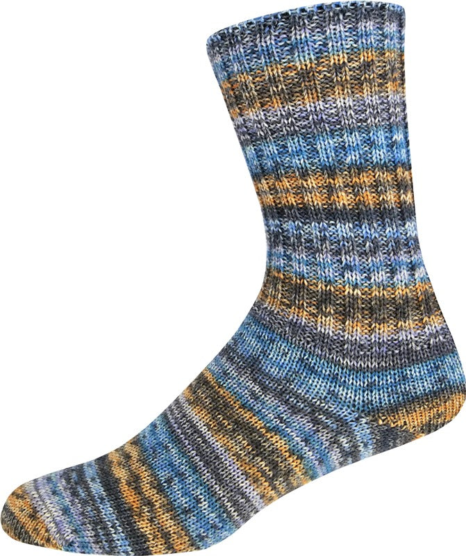 Multicolored striped sock on a white background