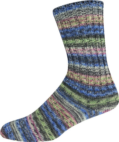 Multicolored striped yarn shown knitted as a sock on a white background 