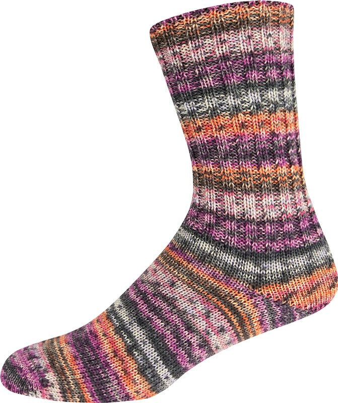 Multicolored striped yarn shown knitted as a sock on a white background 