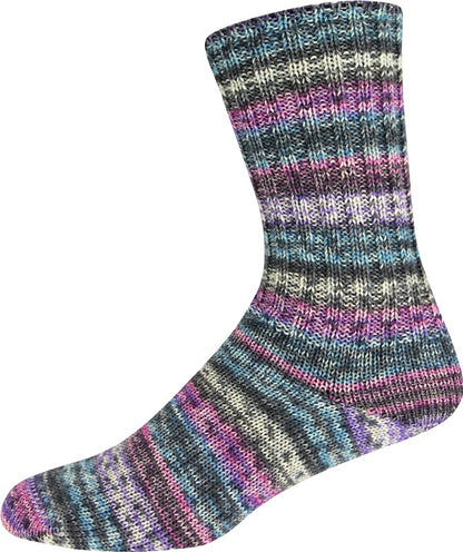 Multicolored striped yarn shown knitted as a sock on a white background 