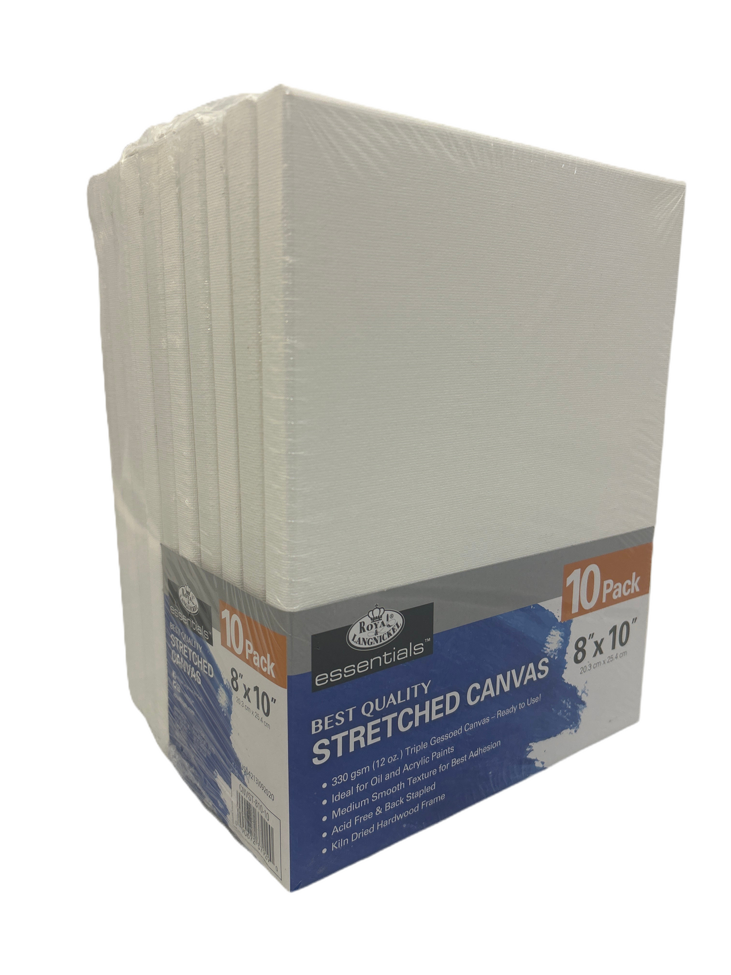Pack of 10 stretched canvases with a brand label on a white background