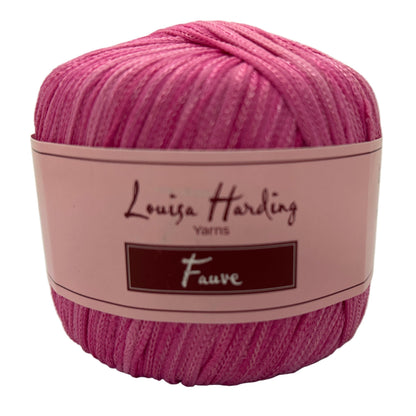 Pink yarn ball with 'Louisa Harding Yarns' label on a white background