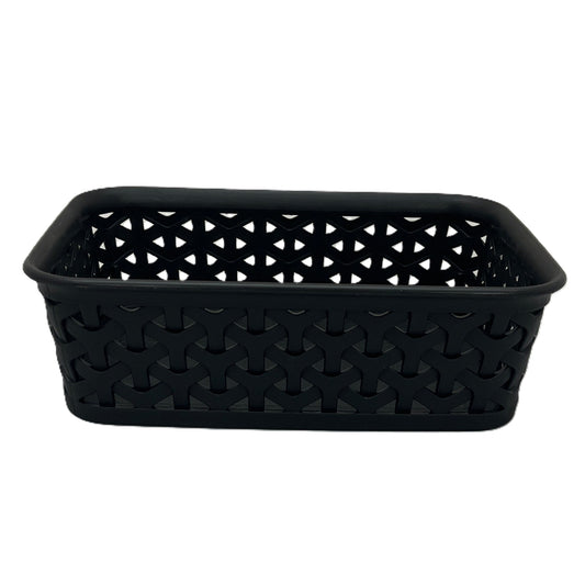 Black woven rectangular basket on a white background