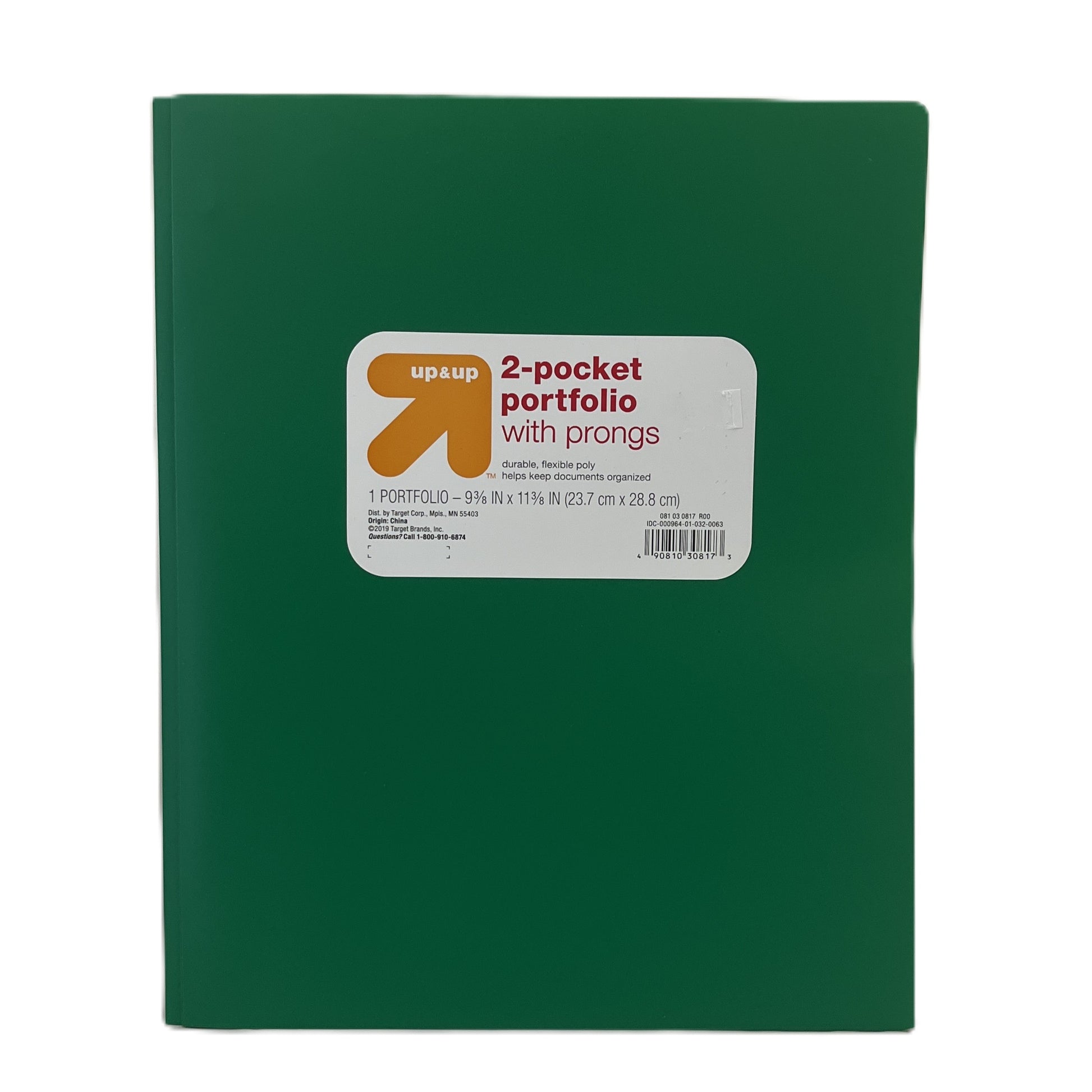 Green two-pocket portfolio with prongs on a white background