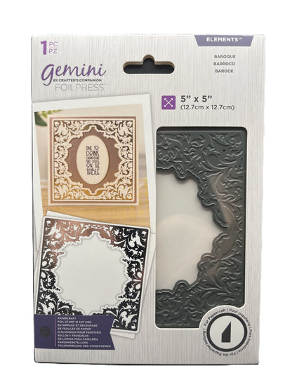 Packaging of Gemini FoilPress with decorative elements on a white background