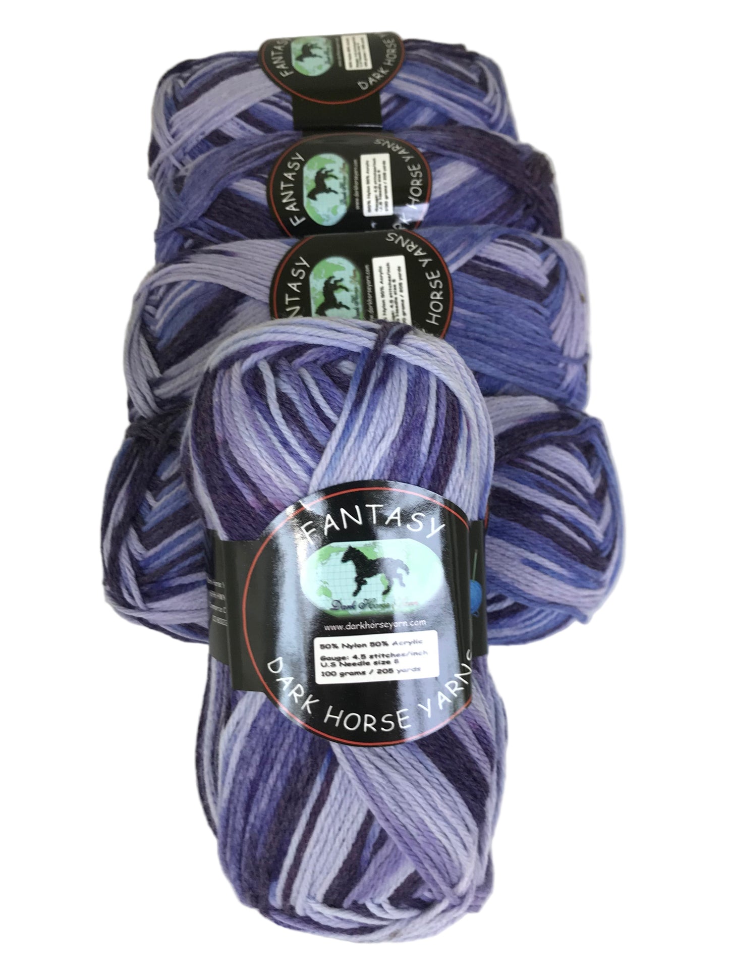 Three skeins of purple yarn with labels on a white background
