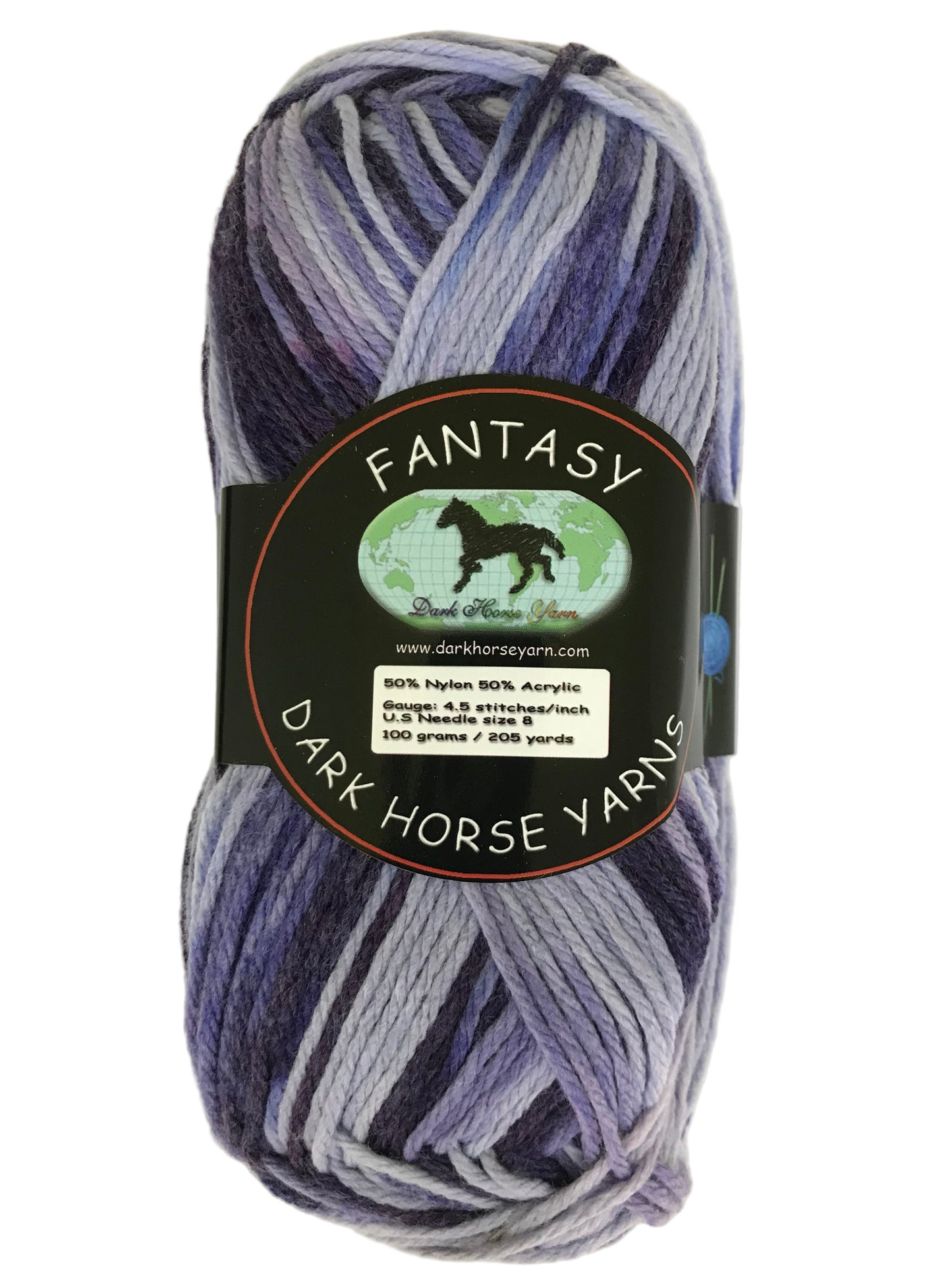 Ball of yarn with a 'Fantasy' label from Dark Horse Yarns on a white background
