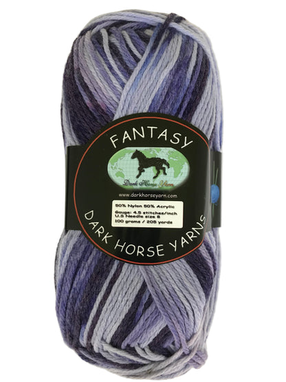 Ball of yarn with a 'Fantasy' label from Dark Horse Yarns on a white background