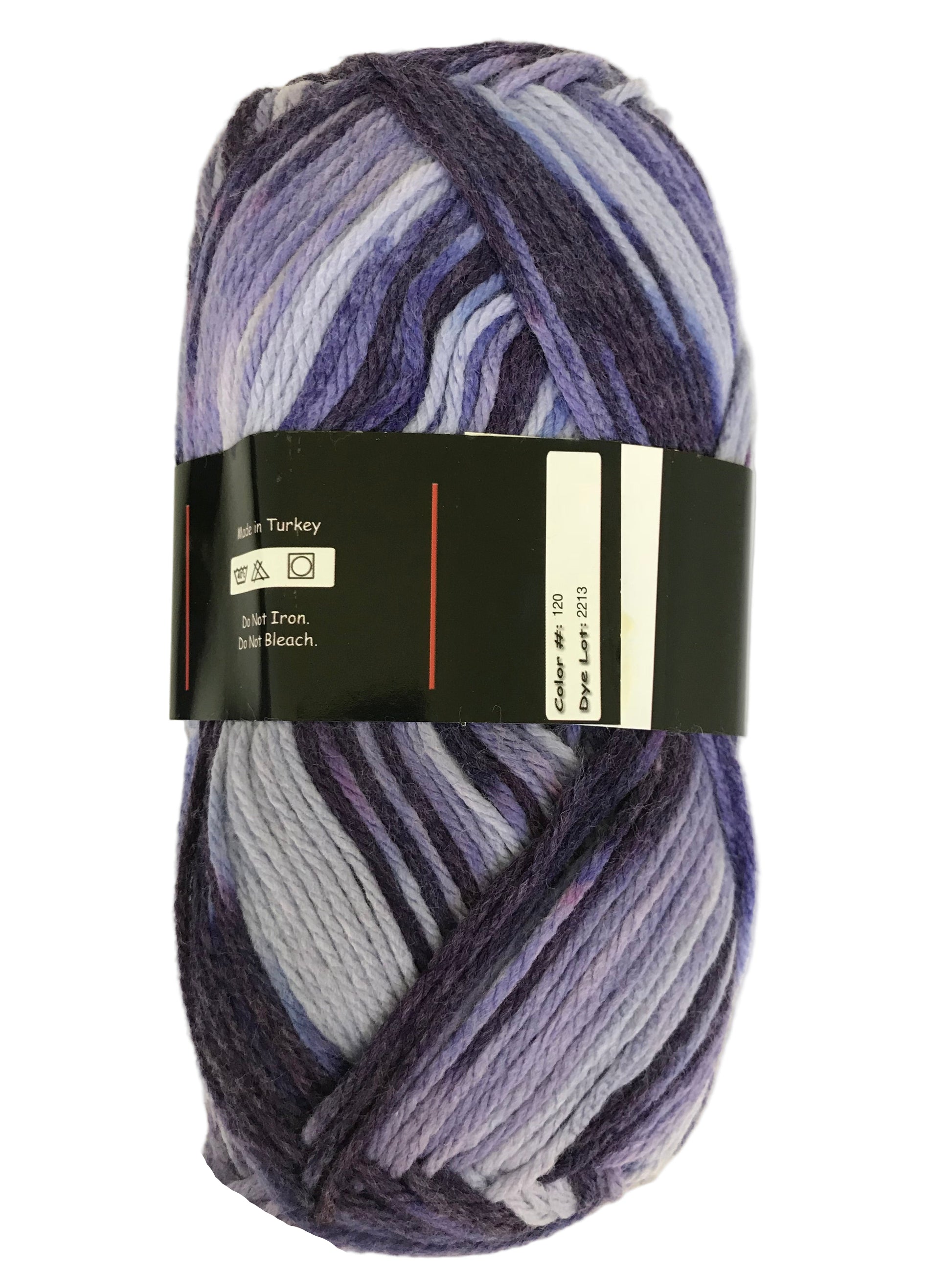 Multicolored skein of yarn with a label on a white background