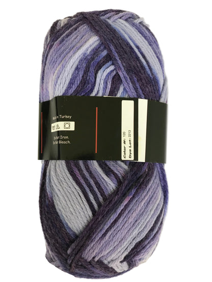 Multicolored skein of yarn with a label on a white background