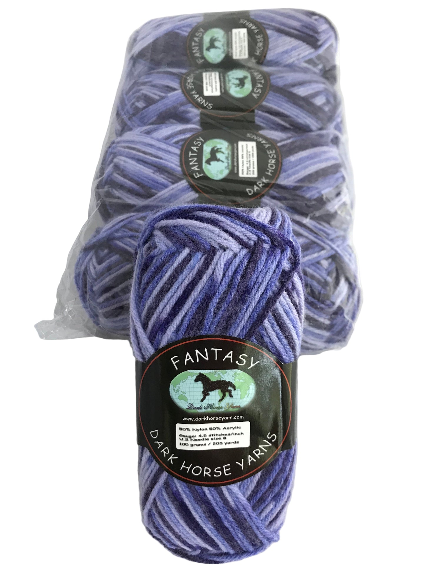 Three skeins of purple yarn with 'Fantasy' labels on a white background