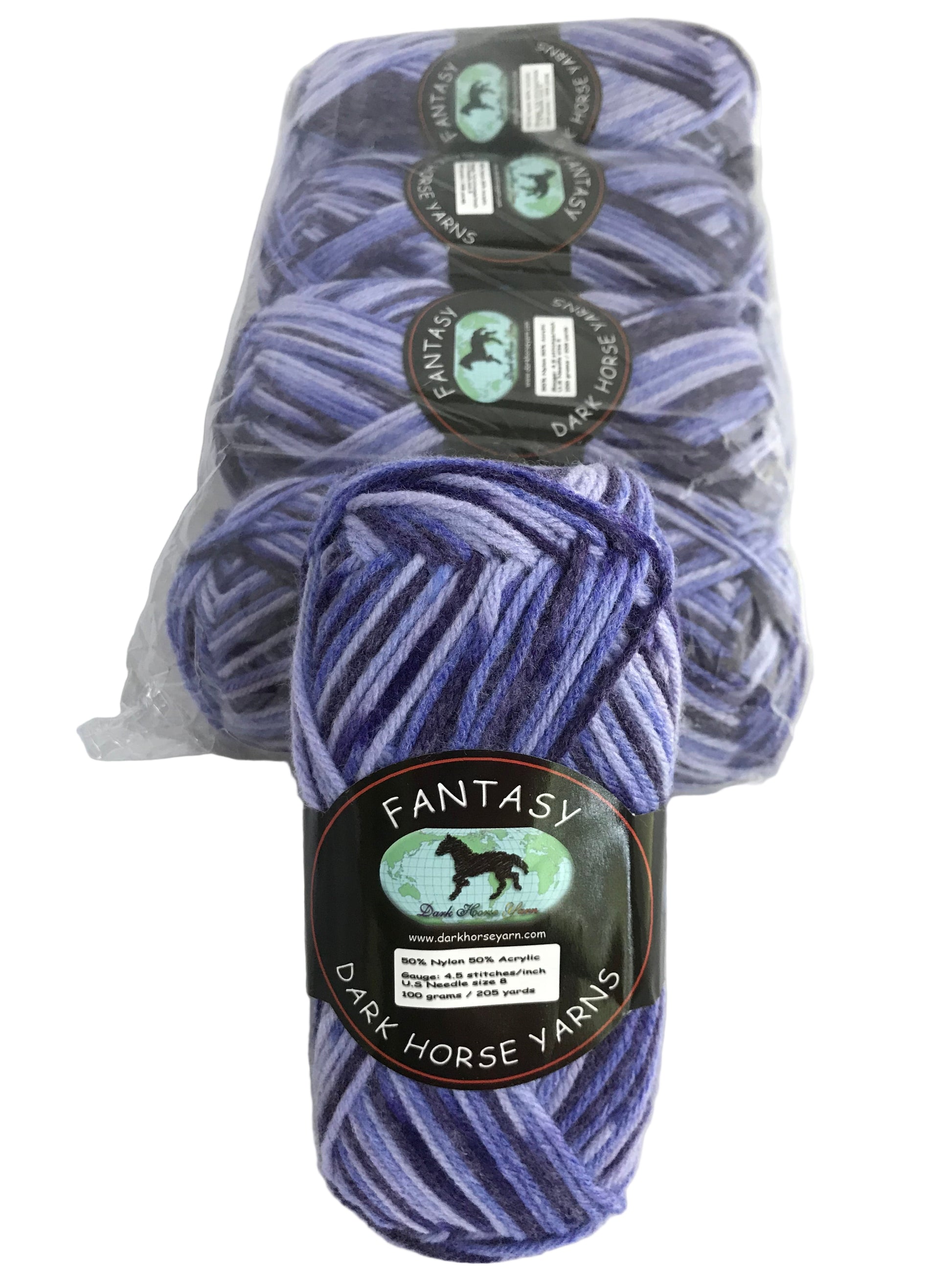 Three skeins of purple yarn with 'Fantasy' labels on a white background